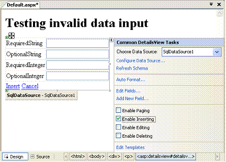Database validation page design